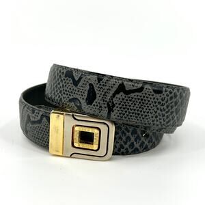 Vintage 90s Gray Black Genuine Leather Snakeskin Embossed Gold Buckle Belt